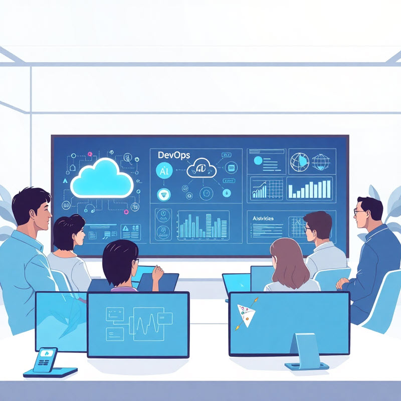 Illustration of digital transformation in IT projects, featuring cloud computing, AI, DevOps, and teamwork for scalable business growth.